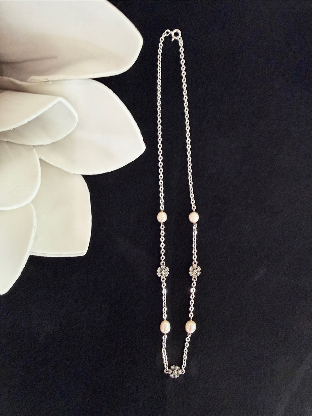 Sterling Silver Pearl Station Necklace - White Faux Pearls